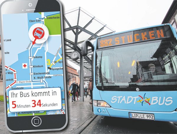 Die Stadtbusfahrer sollen künftig wissen, wann es sich lohnt auf die Kollegen beim Umstieg zu warten und wann nicht. Wenn es knapp wird, könnten Ampeln automatisch auf grüne Welle schalten. - © Fotos: Till Brand, Stadtwerke Lemgo, Pixabay; Montage: Benjamin Möller