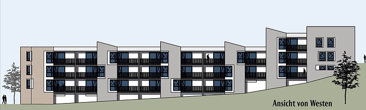 Die Grafik zeigt eine Ansicht des künftigen Wohnblocks, der an der Felix-Fechenbach-Straße entsteht und zukünftig 25 Wohnungen bieten wird. - © Grafik: Architekturbüro Rabbe Sugge