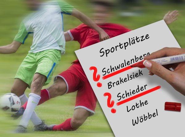 Suche nach einer Lösung: Anfang September will der Stadtentwicklungsausschuss über die Zukunft der fünf Sportplätze entscheiden. Auf der Streichliste stehen vor allem Schwalenberg und Schieder. - © Montage: Maren Brettmeier