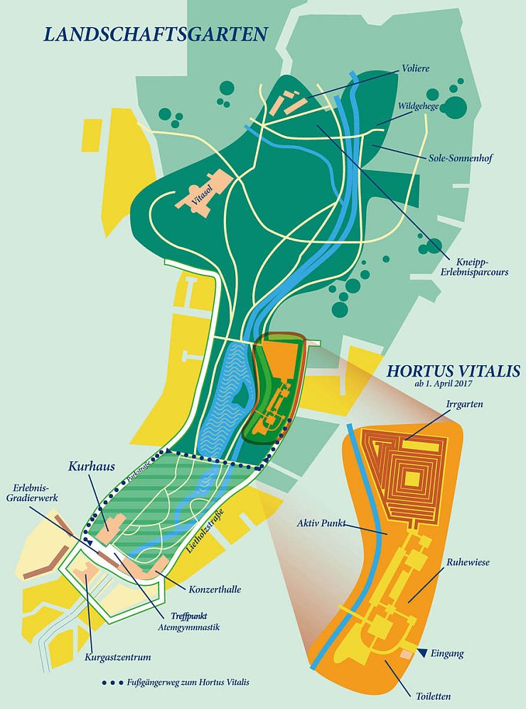 Das ist der Ersatz-Kurpark: Die herausgezogene Grafik zeigt, wie das Staatsbad unterhalb des Irrgartens eine Zwischenlösung für die Dauer der Umbauarbeiten anlegen will. Auch der Ersatz-Kurpark wird eintrittspflichtig sein, dafür sollen sich die Besucher dort genau so wohl fühlen wie im „richtigen" Kurpark. - © Grafik Staatsbad Bad Salzuflen