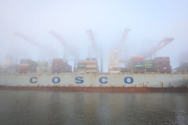 Das Containerschiff «Cosco Pride» liegt im dichten Nebel am Containerterminal Tollerort im Hamburger Hafen. - © Jonas Walzberg/dpa