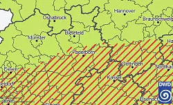 Der Deutsche Wetterdienst (DWD) hat eine Vorabinformation Unwetter veröffentlicht. Sie gilt auch für die Kreise Paderborn und Höxter sowie die südlichen Teile der Kreise Gütersloh und Lippe. - © Screenshot: DWD