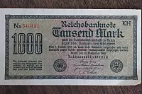 Vorderseite einer Reichsbanknote im Wert von tausend Mark von 1922. - © Foto: Köhring