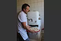 Die kleinen Teiglinge kommen gerade aus der Presse, werden im nächsten Schritt allerdings wieder platt gedrückt. - © Anna Muer