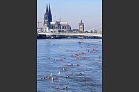 Vor der Kölner Skyline demonstrieren Wassersportler für «Demokratie und Vielfalt». - © Roberto Pfeil/dpa