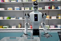 Ein Roboter vom Modell "Galbot" steht vor einem Regal mit Medikamenten. China will die Entwicklung von humanoiden Robotern vorantreiben. - © Johannes Neudecker/dpa