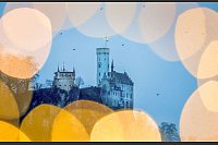 Blick am Morgen bei regnerischem Wetter durch eine Lichterkette auf das Schloss Lichtenstein auf der Schwäbischen Alb. - © Thomas Warnack/dpa