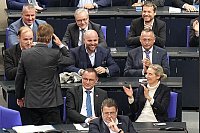 Abgeordnete der AfD-Bundestagsfraktion, unter ihnen die Fraktionsvorsitzenden Tino Chrupalla und Alice Weidel, freuen sich nach der Bekanntgabe des Ergebnisses der namentlichen Abstimmung über einen Antrag der Unionsfraktion zur Verschärfung der Migrationspolitik. - © Michael Kappeler/dpa