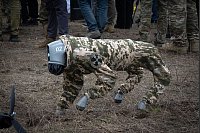 Drohnenhund: Eine Roboter-Drohne, die wie ein Hund in Uniform aussieht, geht auf einer Militärmesse in der Region Kiew in der Ukraine. - © Efrem Lukatsky/AP/dpa