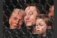 US-Präsident Donald Trump (l), Elon Musk und dessen Sohn X Æ A-Xii besuchen zusammen einen Mixed Martial Arts-Kampf in Miami. - © Lynne Sladky/AP/dpa
