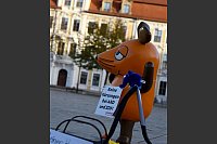Die von Aktivisten "entführte" Maus protestiert in Magdeburg gegen Kürzungen beim öffentlich-rechtlichen Rundfunk. - © Simon Kremer/dpa