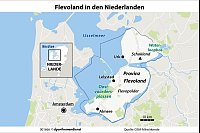 Sinnbild für den Kampf gegen das Wasser: In Flevoland kann man heute Naturschutz und moderne Architektur erleben. - © dpa-infografik/dpa-tmn