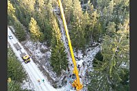 Weihnachtsbaum für die Hauptstadt: Ein Kran hebt eine 20 Meter hohe Fichte für das Brandenburger Tor auf ein Transportfahrzeug. (Luftaufnahme mit Drohne) Auch in diesem Jahr stellt Thüringen wieder den Weihnachtsbaum vor dem Brandenburger Tor in Berlin. - © Bodo Schackow/dpa