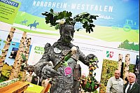 Ein als knorriger Baum verkleideter Mann sorgt in der Messehalle von Nordrhein-Westfalen am Stand des Landesbetriebes Wald und Holz f&uuml;r Aufsehen. - &copy; Soeren Stache/dpa
