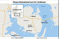 In Odense auf der Insel Fünen begegnet man Hans Christian Andersen auf ganz unterschiedliche Weise. - © dpa-infografik GmbH/dpa-tmn