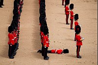 Umgefallen: Ein Angehöriger der Coldstream Guards liegt während der Brigade-Major's Review auf der Horse Guards Parade in London am Boden. - © Jordan Pettitt/PA/AP/dpa