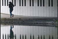 Eine Joggerin läuft unter einer Brücke an der Donau entlang - © Thomas Warnack/dpa