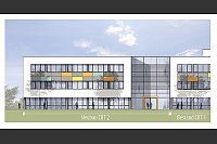 Der Neubau (links, aus der Blickperspektive von der Lipperlandhalle aus) entsteht als Querriegel am bestehenden Gebäude. - © Skizze: Architekturbüro Werner Brandstetter