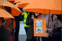 Zum Internationalen Tag gegen Gewalt an Frauen haben sich Protestierende vor dem Landtag von Sachsen-Anhalt versammelt, um auf die Notwendigkeit der Verabschiedung des Gewalthilfegesetzes auf Bundesebene hinzuweisen. - © Klaus-Dietmar Gabbert/dpa