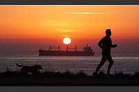 Früh unterwegs: Ein Mann joggt am Morgen an der Nordostküste von Großbritannien, während die Sonne am Horizont über einem Frachter aufgeht. - © Owen Humphreys/PA Wire/dpa