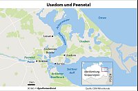 Seeadler lassen sich auf und bei Usedom besonders gut an den Brücken bei Wolgast (im Norden, nicht auf der Karte) und Zecherin sowie an der Hubbrücke bei Karnin beobachten. Und im Peenetal bei Anklam. - © dpa-Infografik/dpa-tmn