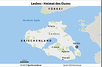 Ouzo wird vor allem auf der Insel Lesbos produziert, wo sich kleiner Ort an der Südküste sogar mit dem Titel «Welthauptstadt des Ouzo» schmückt. - © dpa-infografik GmbH/dpa-tmn