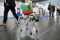 Industriemesse „Intec“ und „Z“: Ein Roboter-Hund läuft durch die Hallen der Leipziger Messe. - © Elisa Schu/dpa
