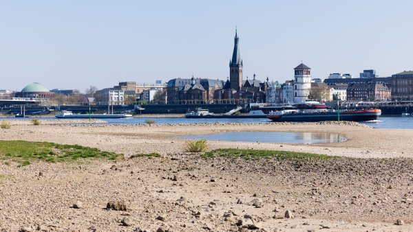Am Rhein gibt es derzeit ungewöhnlich niedrige Pegelstände nach zwei Monaten fast ohne Regen. - © Rolf Vennenbernd/dpa