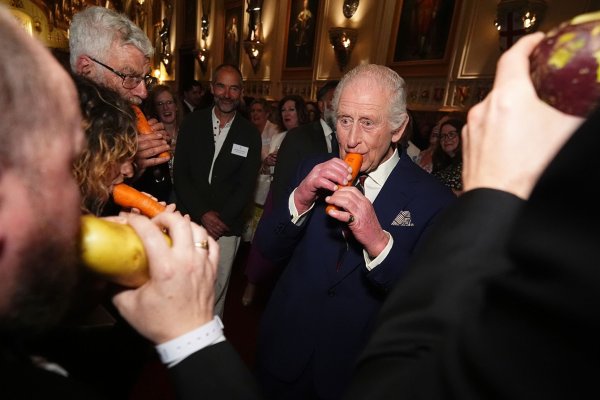 König Charles III. versuchte sich an der Karottenflöte. - © Aaron Chown/PA Pool/AP/dpa