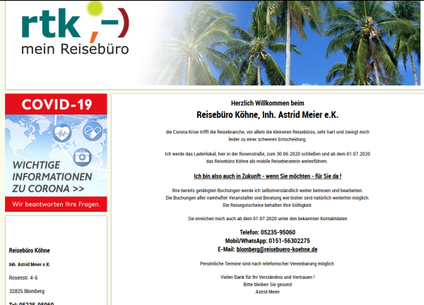Das Ladenlokal schließt, aber Astrid Meier macht als mobile Beraterin weiter. - © Screenshot: Internetseite Reisebüro Köhne