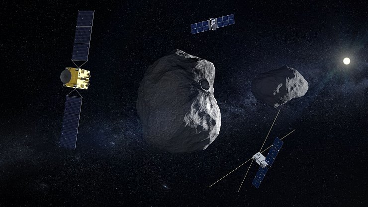 Mission «Hera» mit Raumsonde (l) und begleitenden CubeSats (oben Milani und unten Juventas) am Doppel-Asteroiden Dimorphos/Didymos. - © -/ESA/dpa