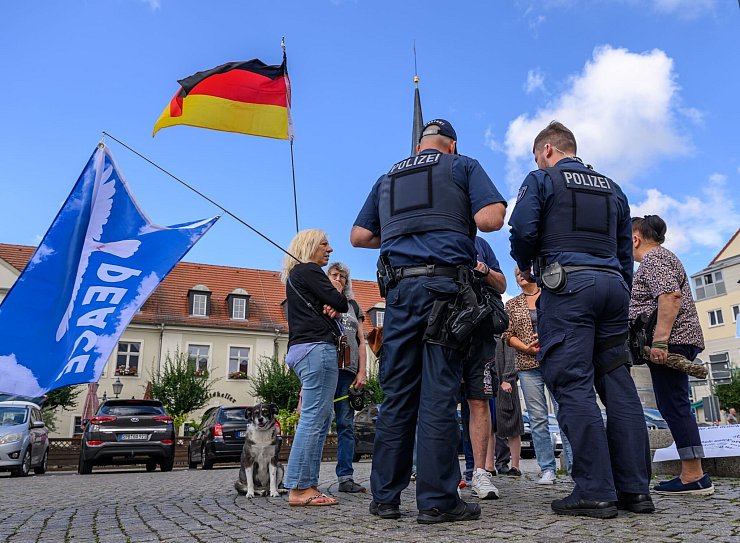 Die Gruppe der Demonstranten ist überschaubar. - © Patrick Pleul/dpa