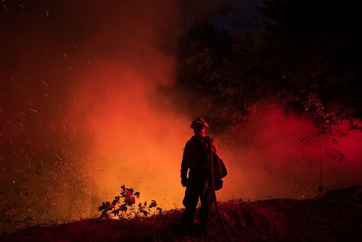 Die Feuerwehr bekämpft das riesige Flammenmeer - © Nic Coury/AP/dpa