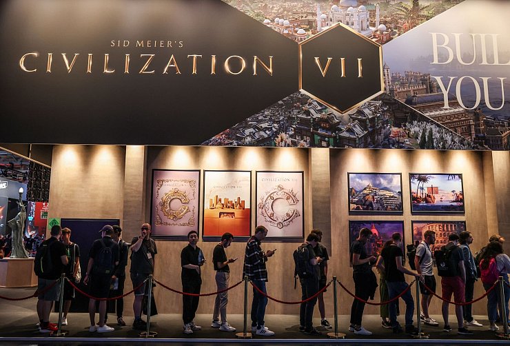 Der Messestand des Strategiespiels Civilization, das in verschiedenen Ausgaben seit mehr als drei Jahrzehnten auf dem Markt ist. - © Oliver Berg/dpa