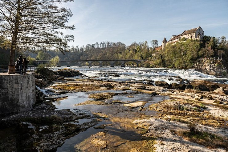 Trockenheit: Normalerweise beeindruckt der Rheinfall bei Schaffhausen in der Schweiz mit tobenden Wassermassen. Jetzt liegen hier die Steine trocken, weil es seit Wochen nur ganz wenig geregnet hat. - © Silas Stein/dpa