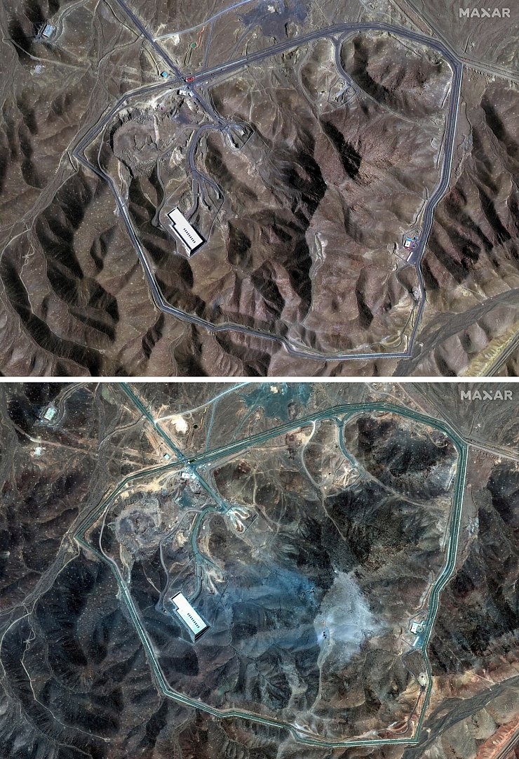 Auf Satellitenaufnahmen sind oberhalb der Atomanlage Fordo die Einschlagslöcher der US-Bomben zu erkennen. - © Uncredited/Maxar Technologies via AP/dpa
