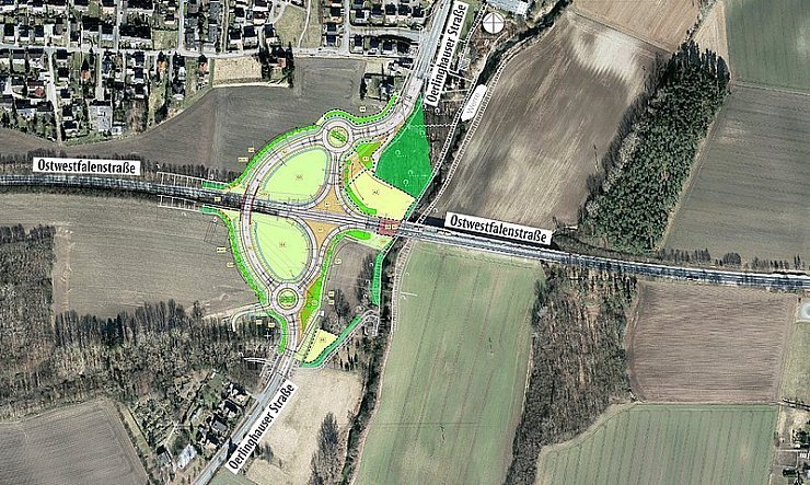 Die Montage zeigt den geplanten Umbau der Kreuzung mit der Oerlinghauser Straße. Diese würde dabei mit einer Brücke über die dann kreuzungsfreie Ostwestfalenstraße geführt (links). - © Foto: Geobasisdaten Kreis Lippe/Montage: Brettmeier