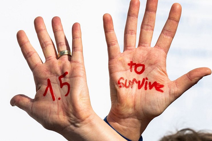 Eine Demonstrationsteilnehmerin bei einem UN-Klimagipfel hat sich mit roter Farbe „1.5 to survive“ (1,5 Grad, um zu überleben) auf die Hände gemalt. (Archivbild) - © Christophe Gateau/dpa
