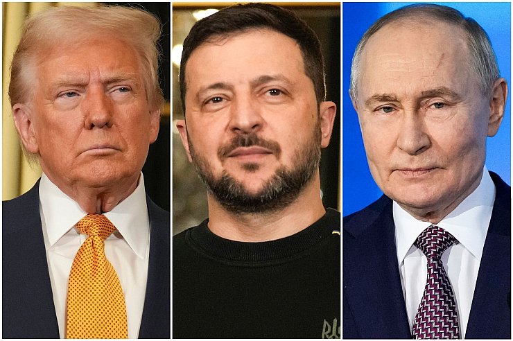 Der ukrainische Staatsoberhaupt Wolodymyr Selenskyj (Mitte) und Kremlchef Wladimir Putin (rechts) wollen den Friedensplan von US-Präsident Donald Trump nun inhaltlich erörtern. (Archivbild) - © Morissard/Bednyakov/AP/dpa