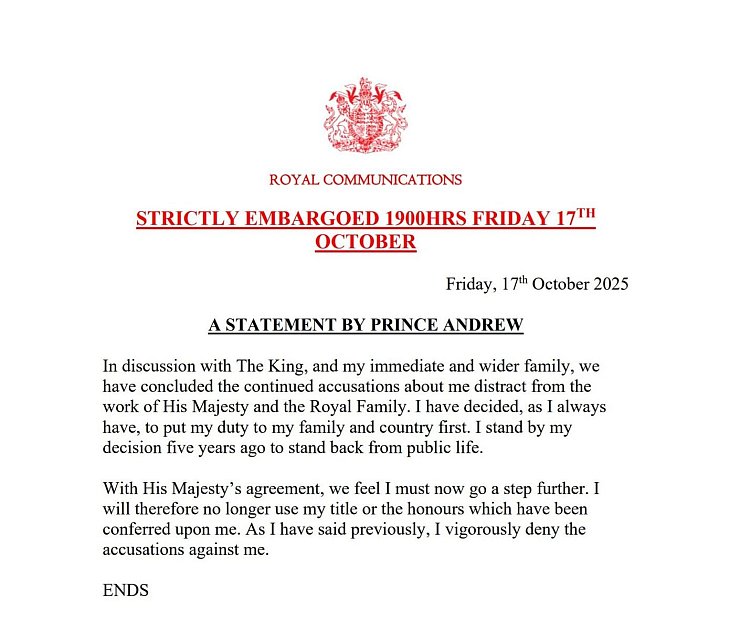 Die Erklärung zum Ende von Andrew als Herzog von York. - © Buckingham Palace/PA Media/dpa