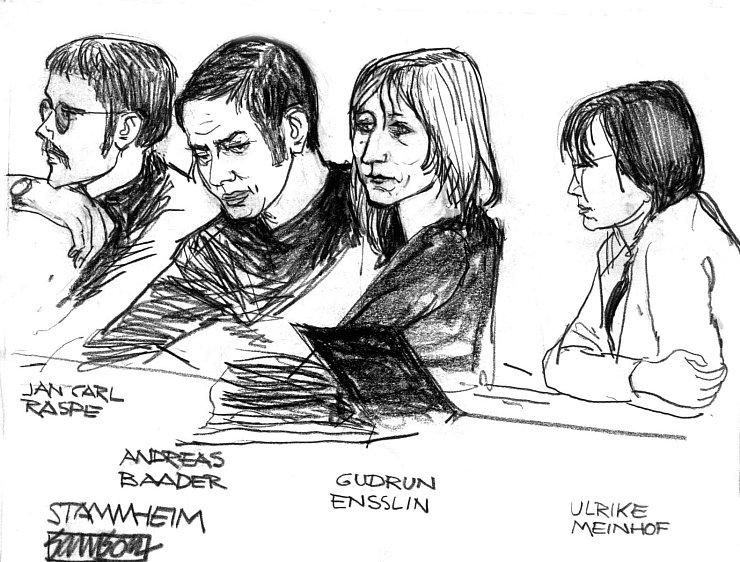 Die Angeklagten Jan-Carl Raspe, Andreas Baader, Gudrun Ensslin und Ulrike Meinhof wurden wärend des Prozesses von einem Gerichtszeichner gezeichnet. (Archivbild) - © picture alliance / dpa