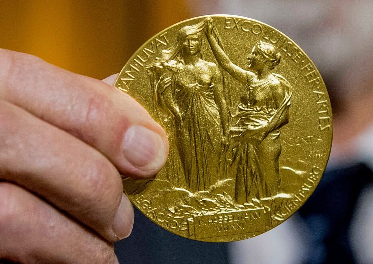 Die Rückseite der Nobel-Medaille für Physik stellt die Natur in Form einer Göttin dar, die ein Füllhorn hält. Der Schleier, der ihr Gesicht bedeckt, wird vom Genie der Wissenschaft hochgehalten. (Archivbild) - © Stefanie Loos/AP-Pool/dpa