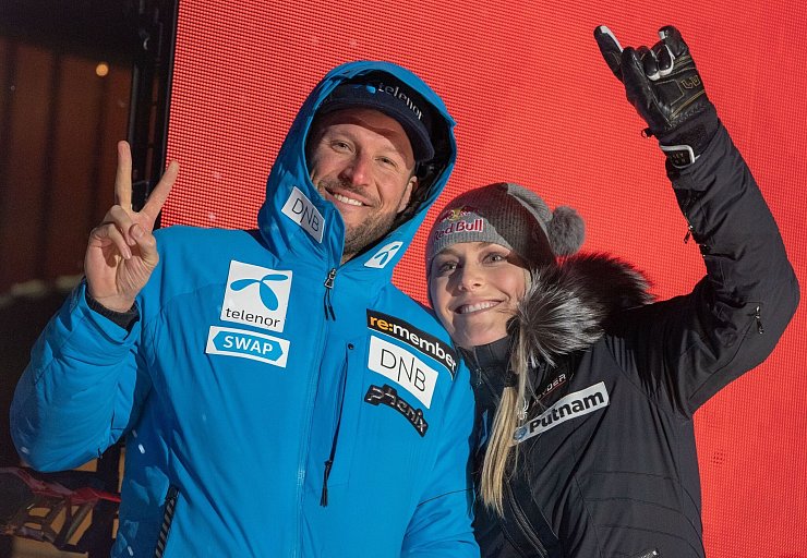 Aksel Lund Svindal und Lindsey Vonn bei der alpinen Ski-WM 2019 in Schweden. - © Michael Kappeler/dpa