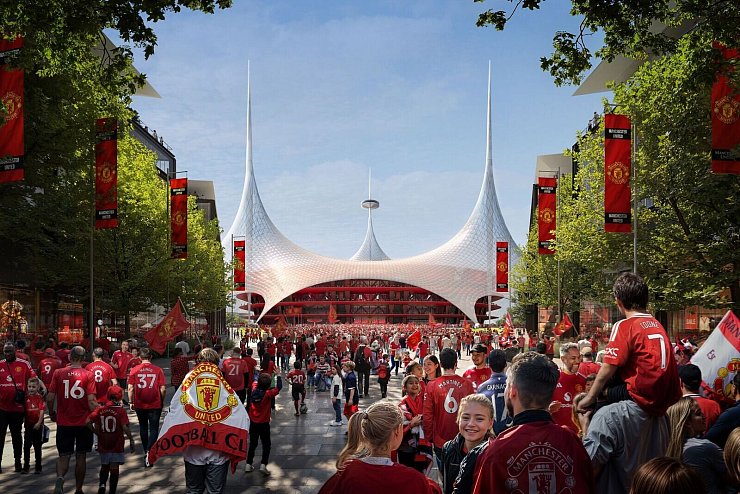 Das neue Stadion von Manchester United soll die gesamte Gegend um das Old Trafford wiederbeleben. - © Foster + Partners/PA Media/dpa