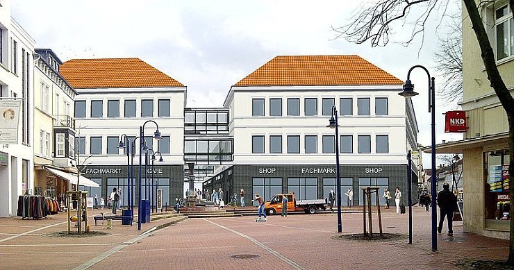 So könnte der neue Geschäftskomplex mit überdachter Passage zum Parkplatz hinter dem City-Center aussehen. - © ENTWURF: ten Brinke