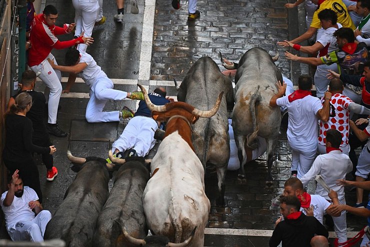 Einer der gefährlichen Momente, doch die Bullen springen meist reflexartig über Gestürzte. - © Miguel Oses/AP/dpa