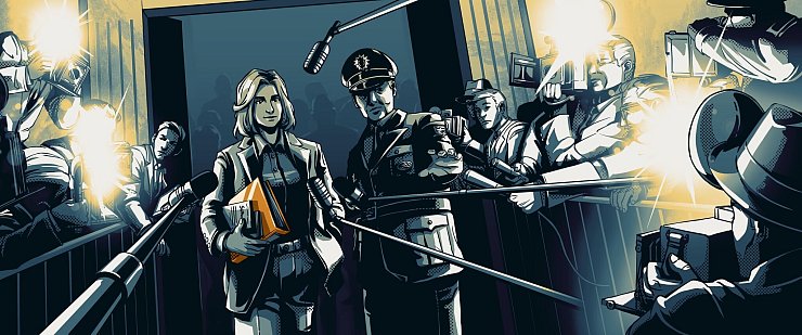 Nach einem Urteil tritt Esther Katz in «The Darkest Files» vor die Presse. - © Paintbucket Games/dpa-tmn