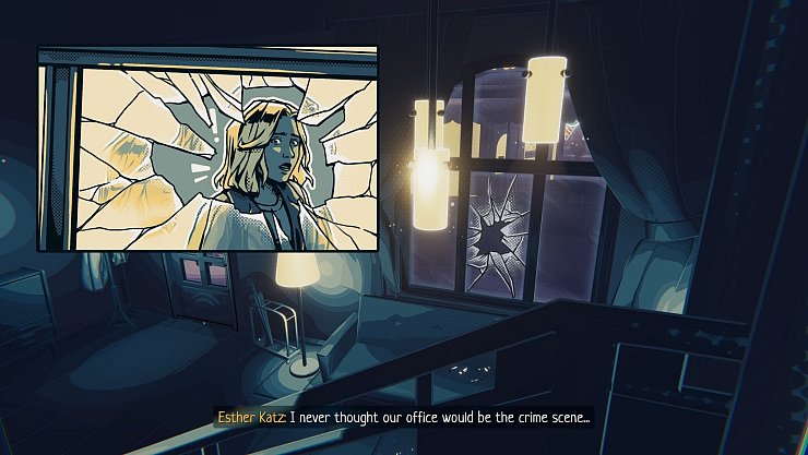 Ermitteln gegen alle Widerstände in «The Darkest Files»: Im Büro von Esther Katz ist eine Scheibe eingeworfen worden. - © Paintbucket Games/dpa-tmn