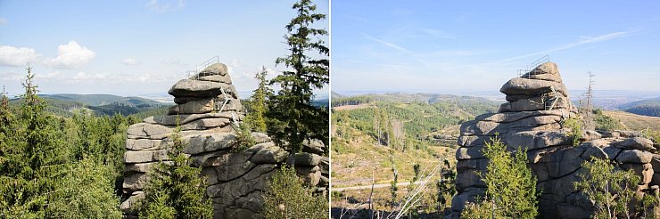 Der Ottofelsen im Harz 2014 und 2023: Seit 2018 gibt es im Harz ein immenses Baumsterben. Damals warf ein Orkan zahlreiche Bäume um. Das Totholz in Verbindung mit der Trockenheit in den vergangenen Jahren führte zu einer besonders starken Ausbreitung des Borkenkäfers und zu einem massiven Fichtensterben. - © Julian Stratenschulte/dpa