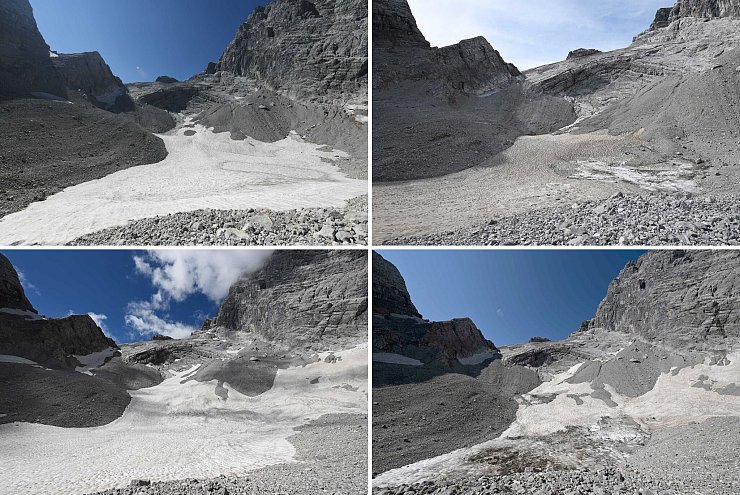 Der Watzmanngletscher in den Jahren 2021 bis 2024 (von links nach rechts in zwei Zeilen). - © Angelika Warmuth/dpa